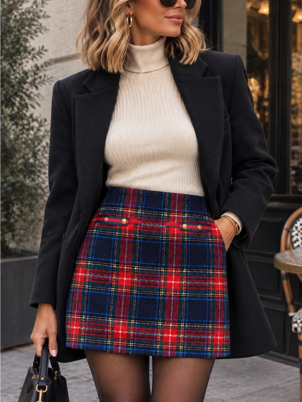 Talbots Red and Navy Plaid Mini Skirt with Gold-Tone Buttons